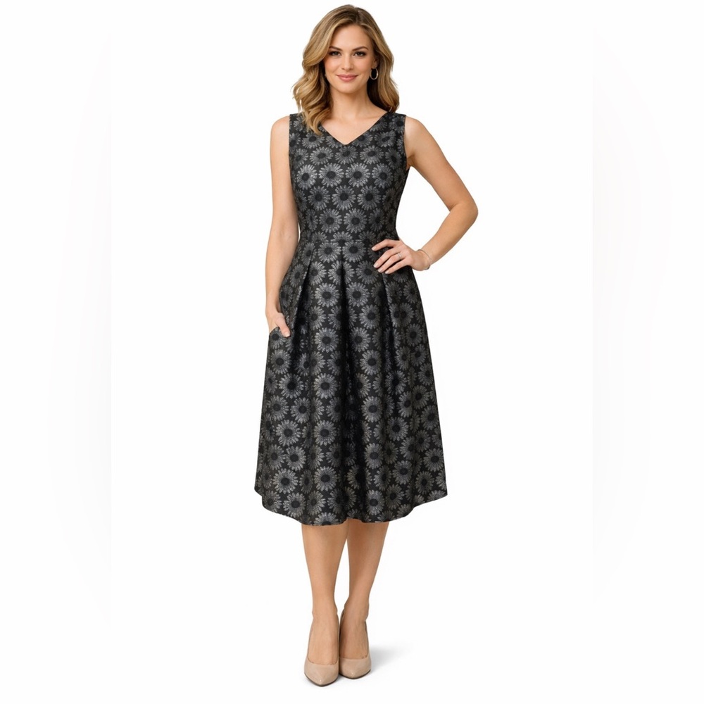 Talbots Dress 10 Black Silver Metallic Shimmer Sleeveless Pockets Party Wedding